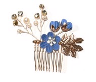 Hårkam: Smuk hårkam kongeblå/guld blomster med sten og perler, mellemstrørrelse 